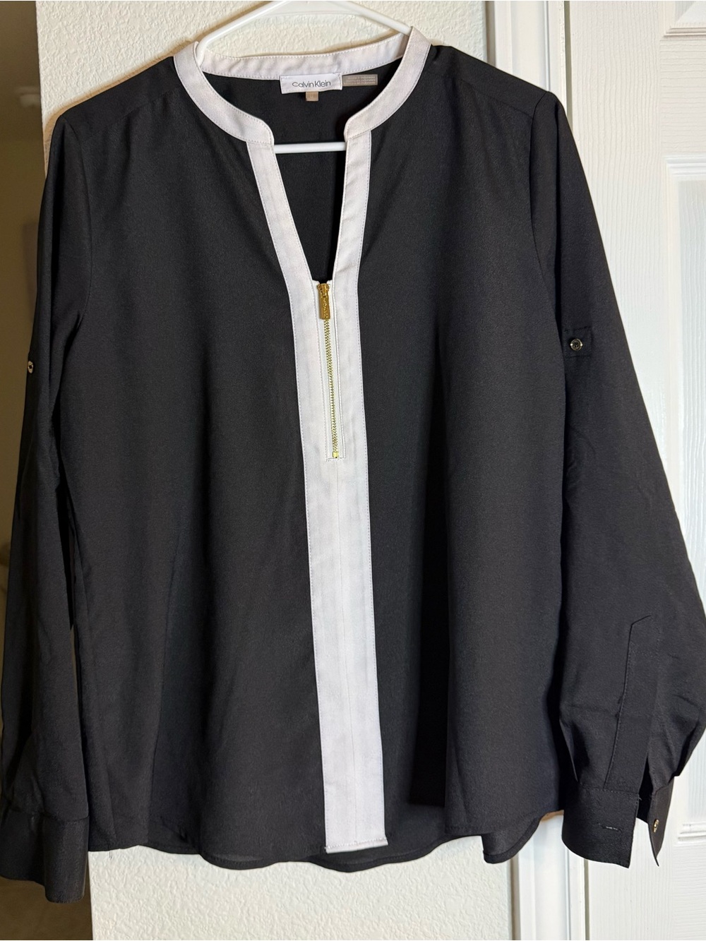 Calvin Klein Black Blouse Jacket with White Trim and Gold Zip